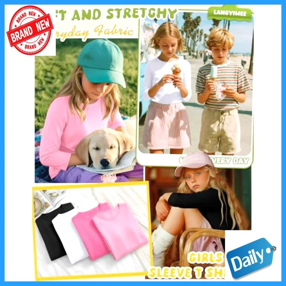 4 Pack Girls 3/4 Sleeve Tees Crewneck Basic Tops 5-14Y